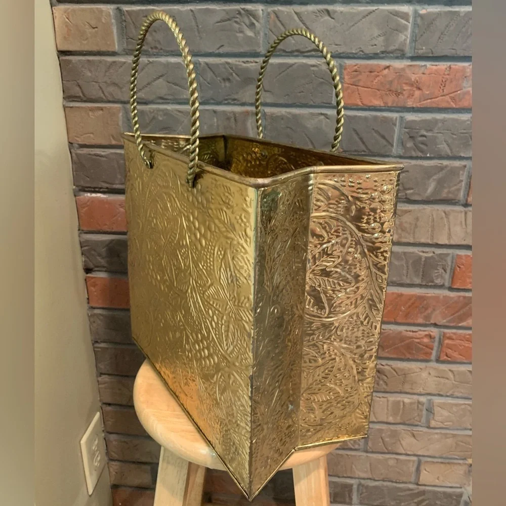 Vintage Brass Embossed Leaves 1970s Shopping Tote Magazine Holder